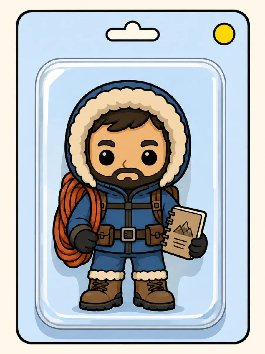 Personnage en parka, casque et carnet de relevés — univers Expédition