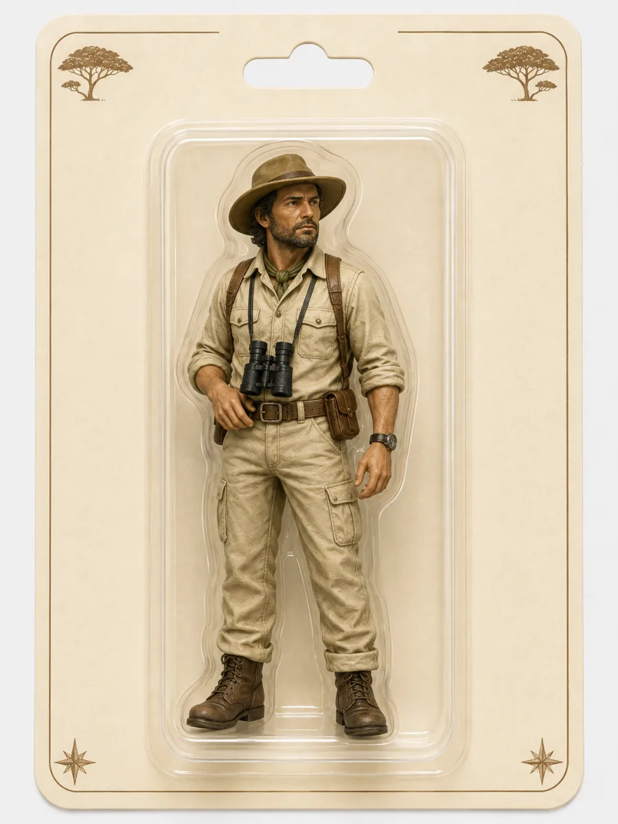 Personnage guide, chapeau à large bord et jumelles — univers Safari