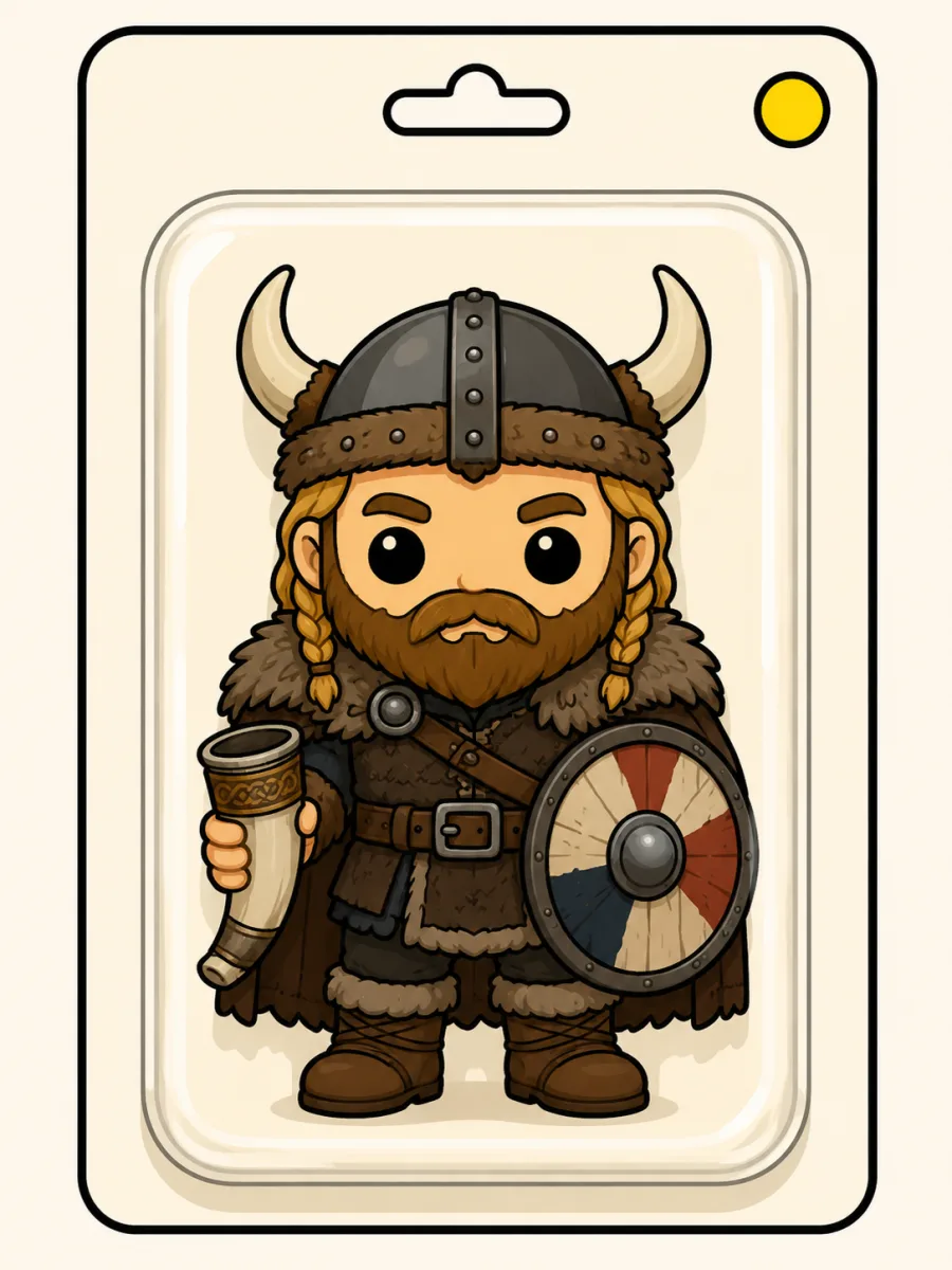 Personnage au bouclier rond peint aux couleurs de l’entreprise — univers Vikings